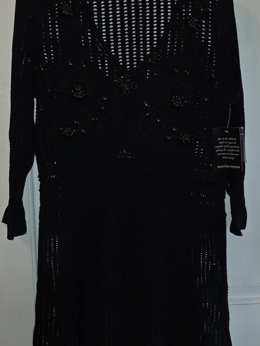 NWT Boston Proper Black Crochet Beaded Dress Sz Large 3/4 Sleeve Lined $149 MSRP